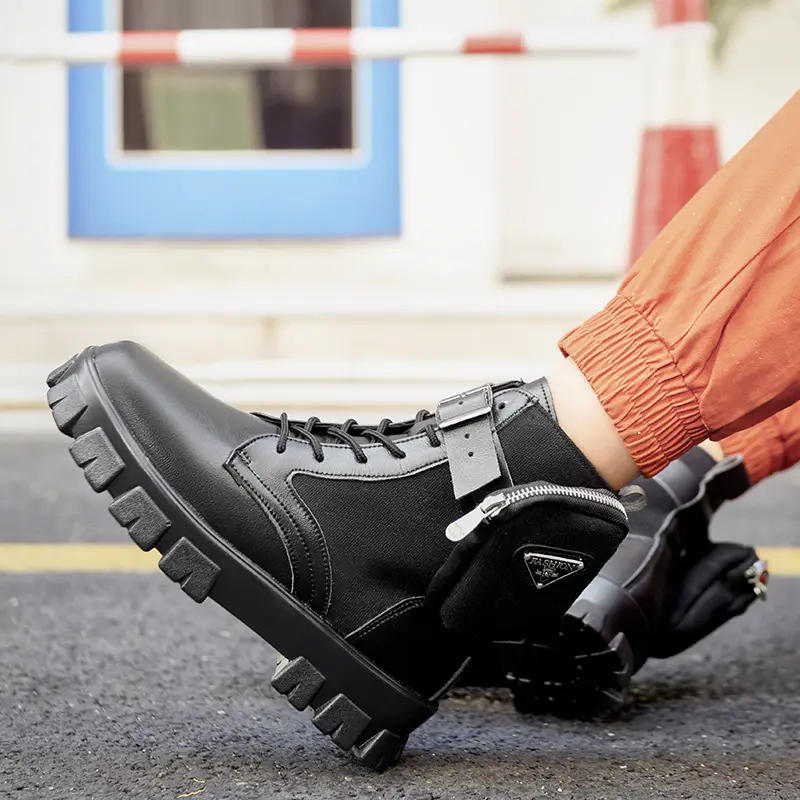 White Men Casual Boots Punk High Tops Motorcycle Ankle Boots Height Increasing Shoes Fashion British Anti Slip Pocket Buckle