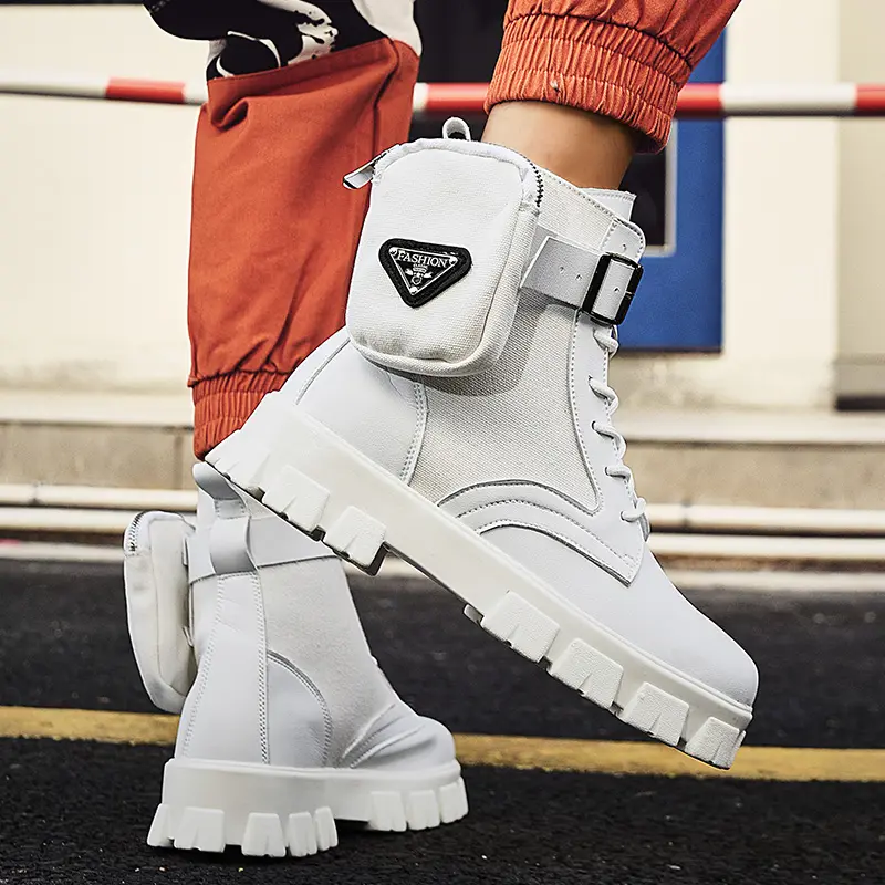 White Men Casual Boots Punk High Tops Motorcycle Ankle Boots Height Increasing Shoes Fashion British Anti Slip Pocket Buckle