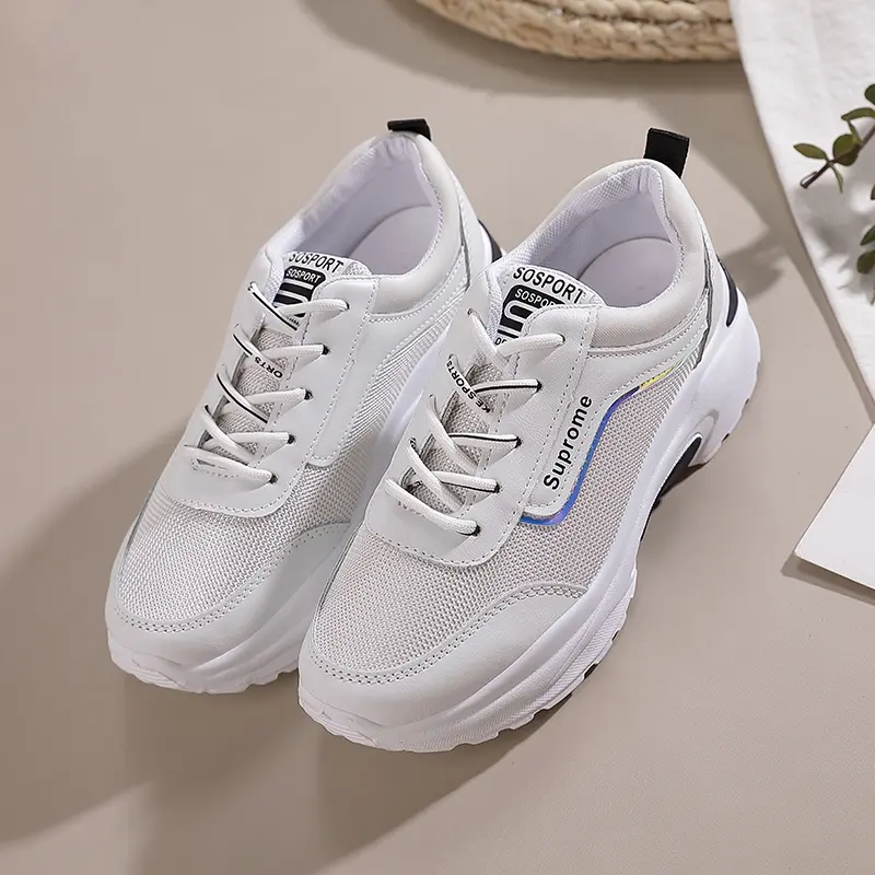 Sports Womens Single Shoes 2025 New Color Blocking Thick Soled Leather Flat Vulcanized Running Shoes Platform Sneakers