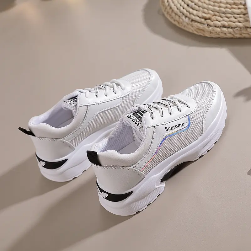 Sports Womens Single Shoes 2025 New Color Blocking Thick Soled Leather Flat Vulcanized Running Shoes Platform Sneakers