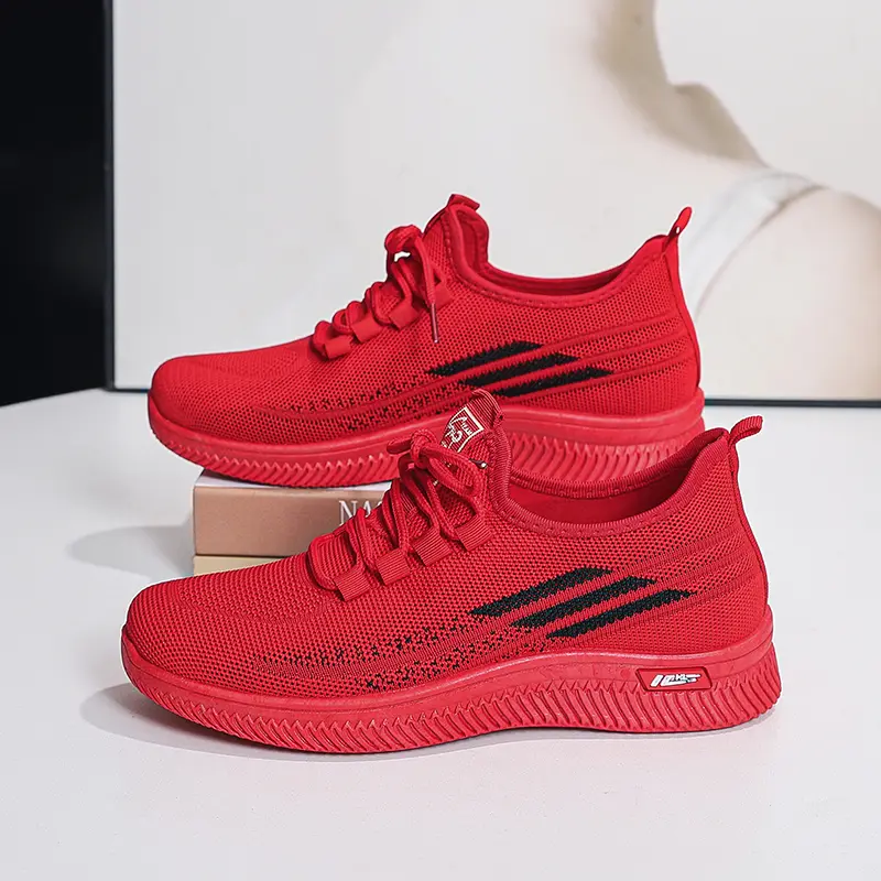 Red Women's Casual Running Shoes Soft Bottom Breathable Fly Knit Mesh Up Upper Comfortable Mom Shoes Summer Season Low Top