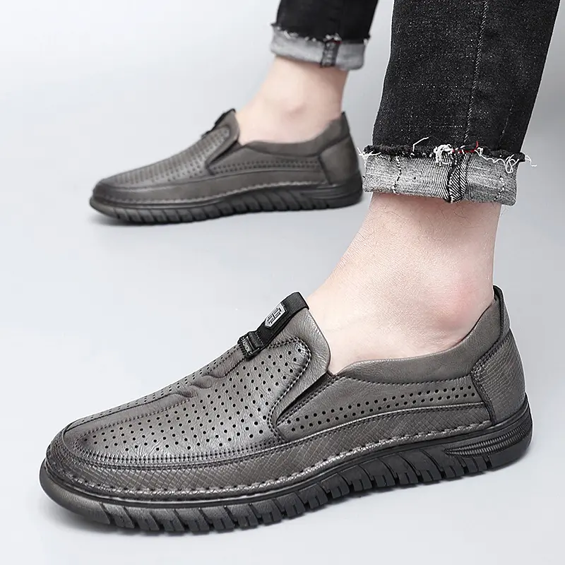 Summer Perforated Leather Shoes Mens Slip on Shoes lace up sandals Male Comfortable Casual Shoes Male Comfortable Loafers
