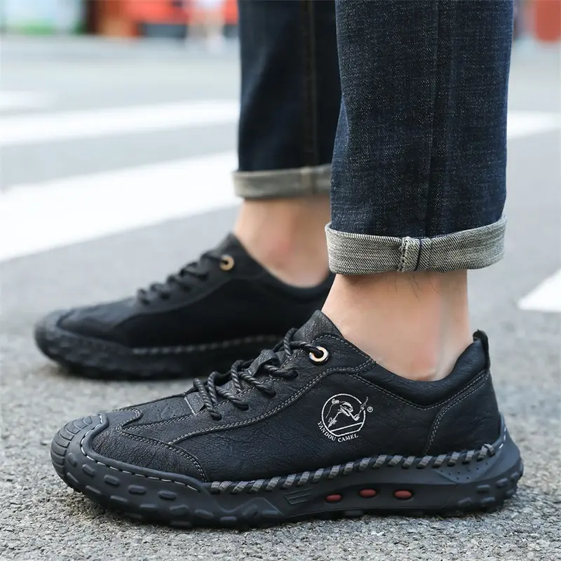 2025 New Large Size Men Casual Leather Flats Walking Shoes High Quality Outdoor Antiskid Hiking Sneakers Lace Up Driving Shoe