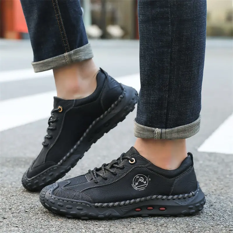 2025 New Large Size Men Casual Leather Flats Walking Shoes High Quality Outdoor Antiskid Hiking Sneakers Lace Up Driving Shoe