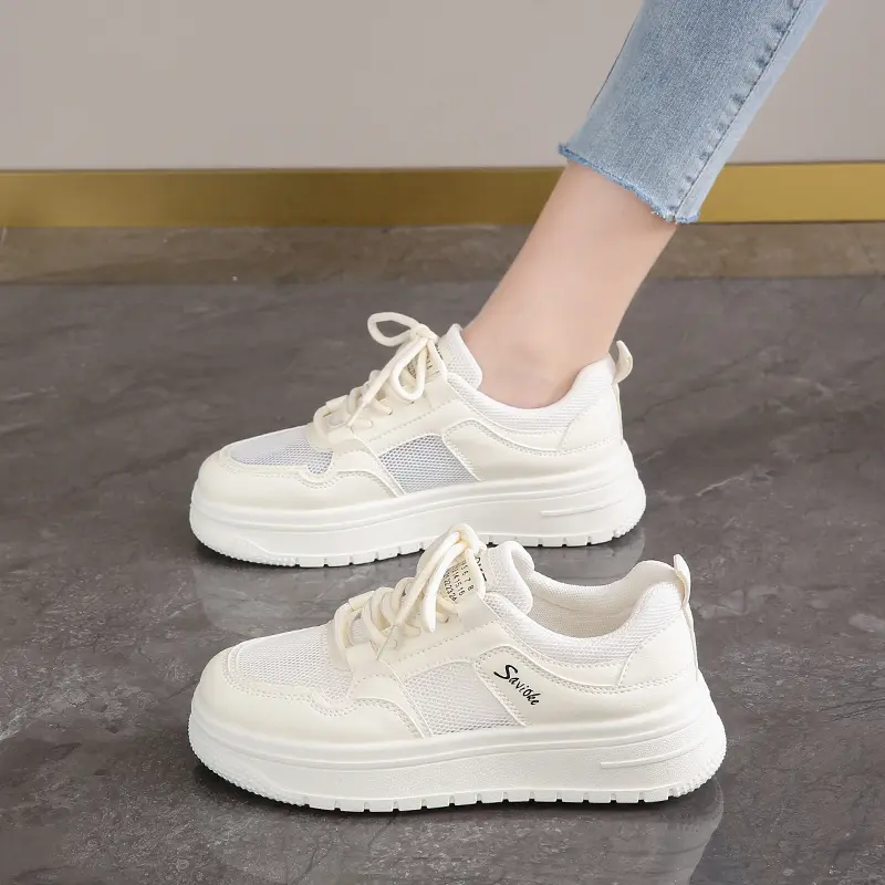 Womens Casual Sports Shoes 2025 New Spring Summer Style Thick Sole Board Shoes Breathable Artificial Flat Shoes White Sneakers