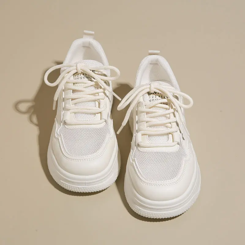 Womens Casual Sports Shoes 2025 New Spring Summer Style Thick Sole Board Shoes Breathable Artificial Flat Shoes White Sneakers