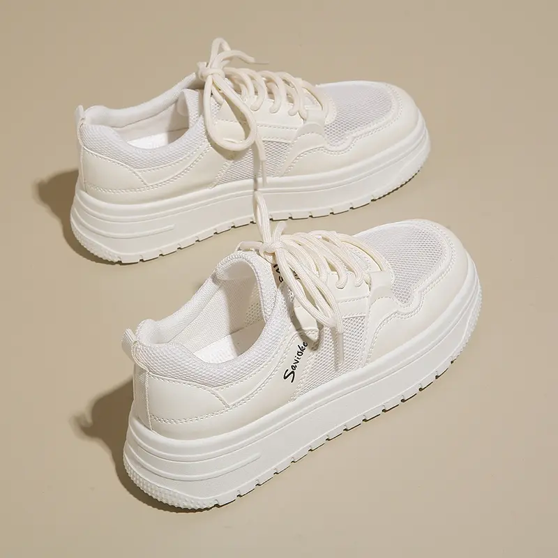 Womens Casual Sports Shoes 2025 New Spring Summer Style Thick Sole Board Shoes Breathable Artificial Flat Shoes White Sneakers