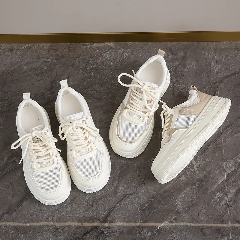 Womens Casual Sports Shoes 2025 New Spring Summer Style Thick Sole Board Shoes Breathable Artificial Flat Shoes White Sneakers