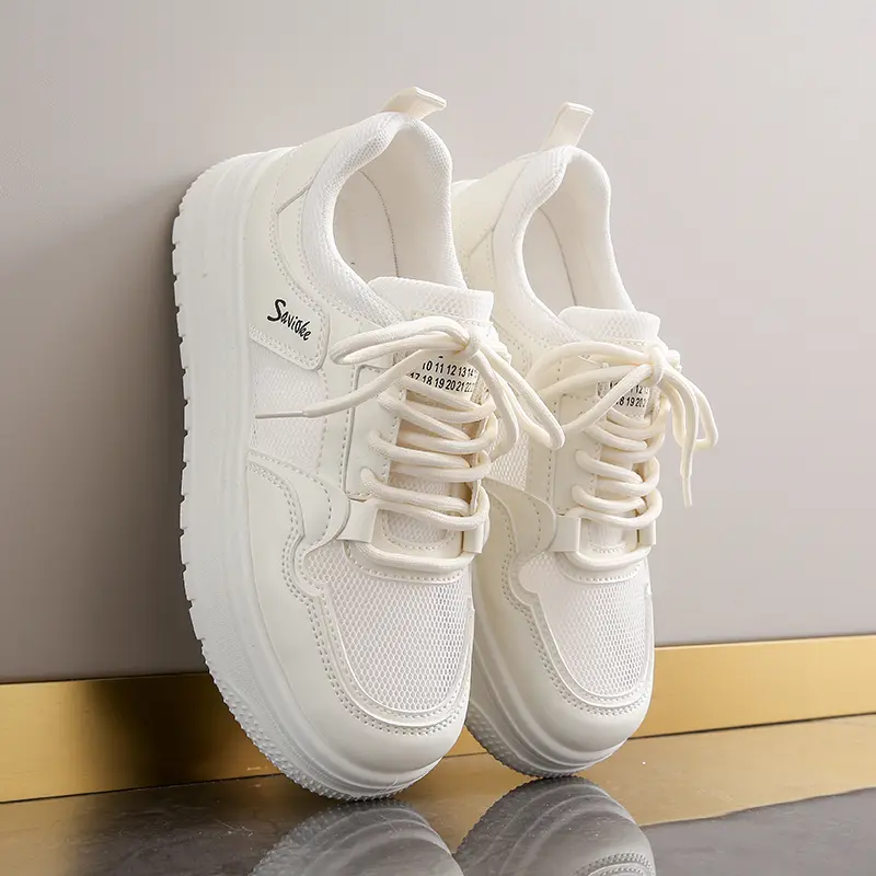 Womens Casual Sports Shoes 2025 New Spring Summer Style Thick Sole Board Shoes Breathable Artificial Flat Shoes White Sneakers