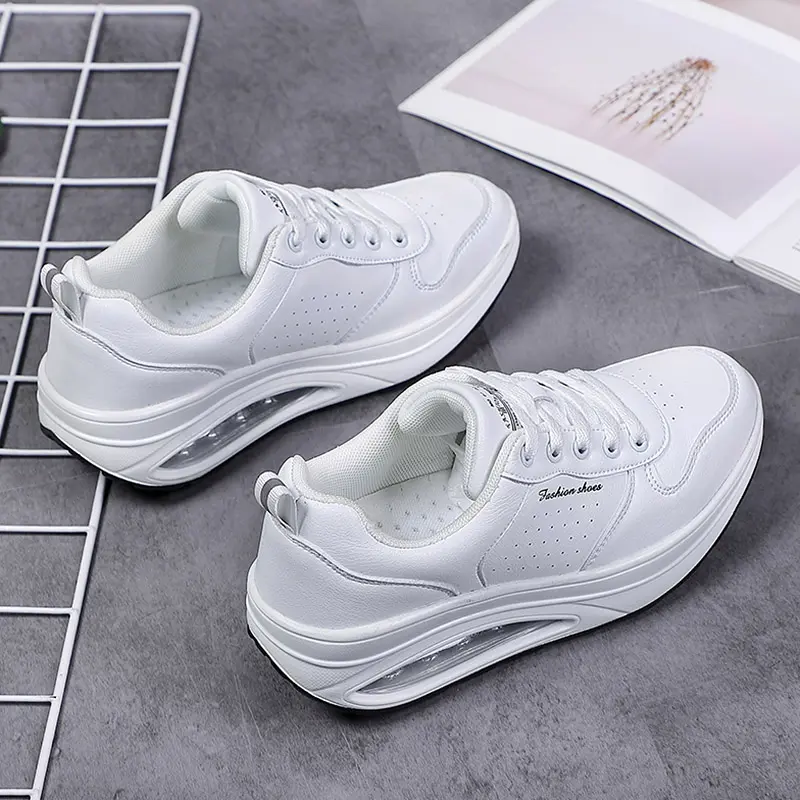 Women Fashion Sneakers Air Cushion Sports Shoes Pu Leather Blue Shoes White  Outdoor Walking Jogging Shoes Female Trainers