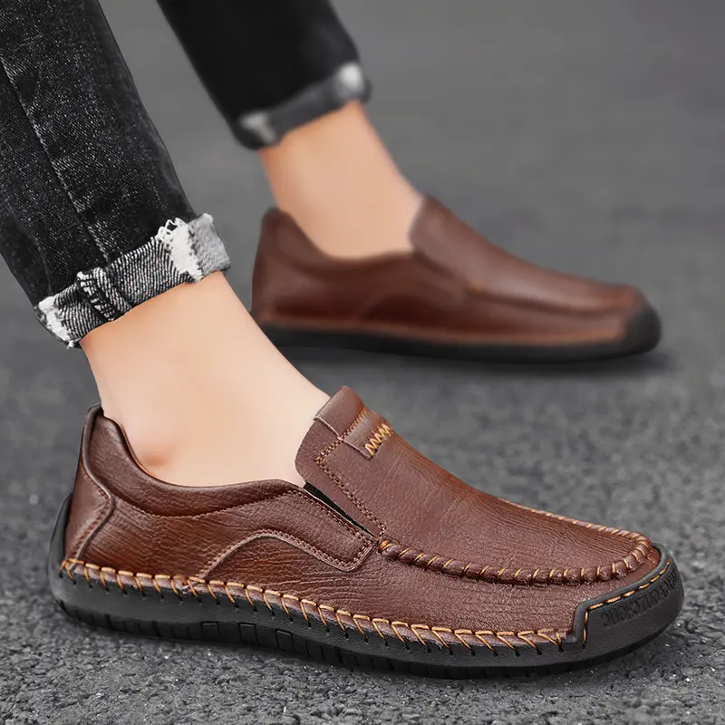 Mens Genuine Leather Loafers Non Slip Walking Flats Breathable Outdoor Slip on Casual Shoes for Male Work Office Driving Sneaker
