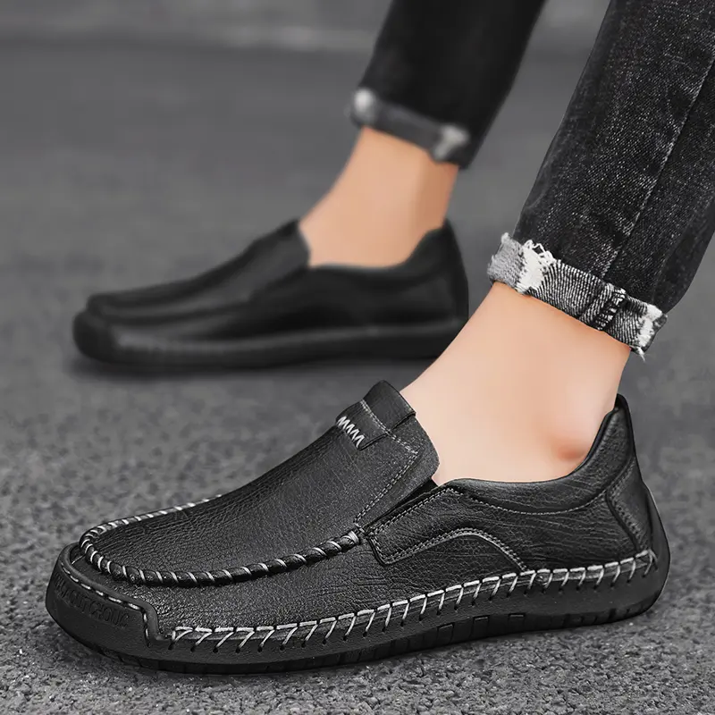 Mens Genuine Leather Loafers Non Slip Walking Flats Breathable Outdoor Slip on Casual Shoes for Male Work Office Driving Sneaker