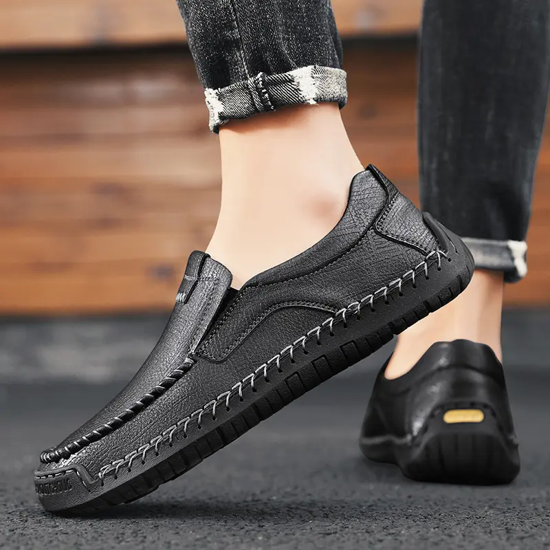 Mens Genuine Leather Loafers Non Slip Walking Flats Breathable Outdoor Slip on Casual Shoes for Male Work Office Driving Sneaker