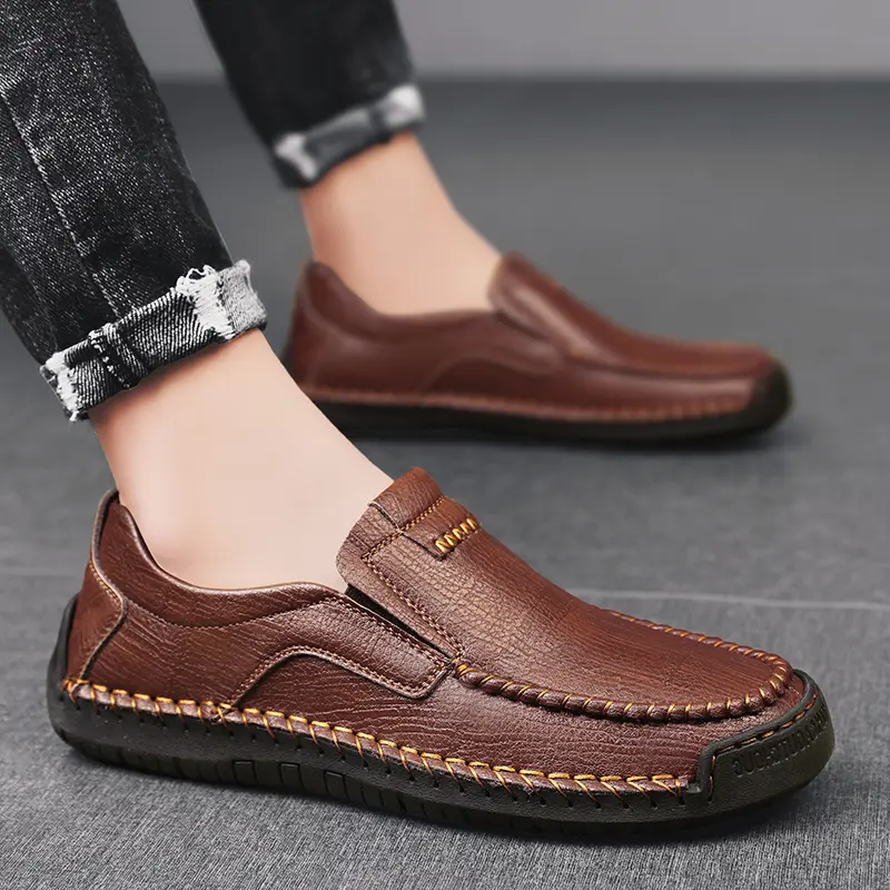 Mens Genuine Leather Loafers Non Slip Walking Flats Breathable Outdoor Slip on Casual Shoes for Male Work Office Driving Sneaker