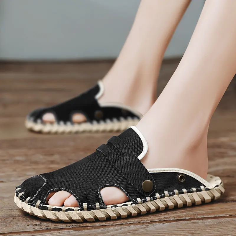 Summer New Handmade Casual Slip on Mens Shoes Outdoor Walking Comfortable Canvas Slippers Korean Trend Baotou Half Drag Slides