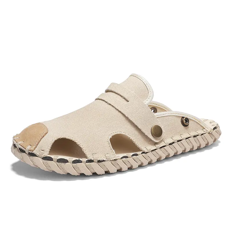 Summer New Handmade Casual Slip on Mens Shoes Outdoor Walking Comfortable Canvas Slippers Korean Trend Baotou Half Drag Slides