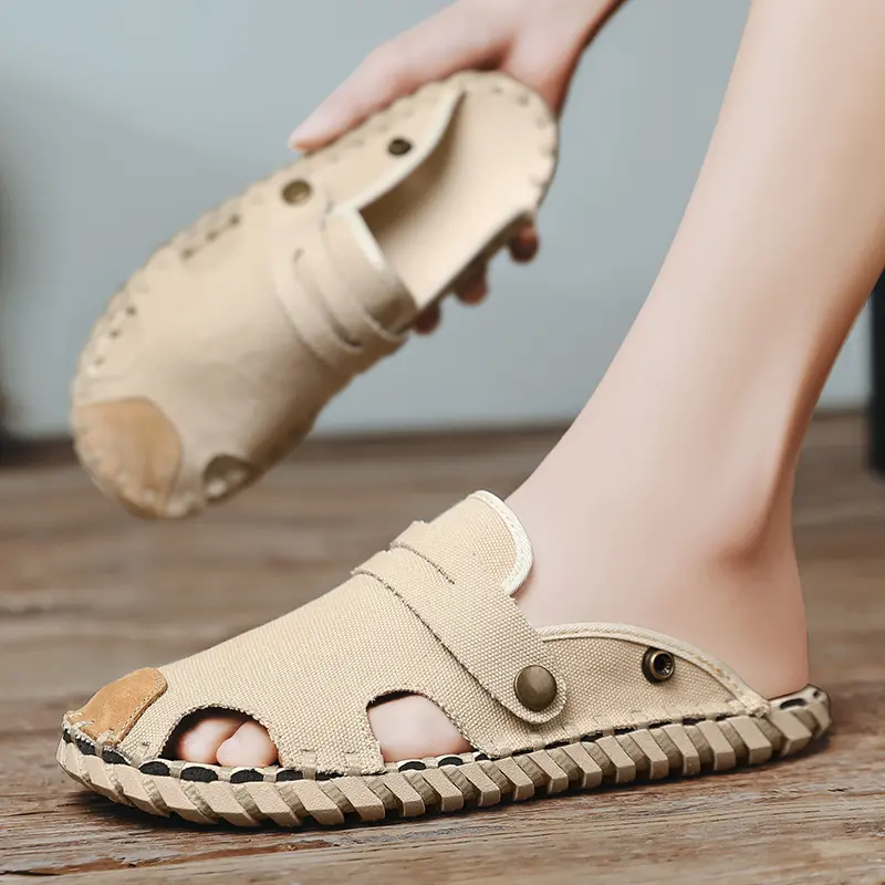 Summer New Handmade Casual Slip on Mens Shoes Outdoor Walking Comfortable Canvas Slippers Korean Trend Baotou Half Drag Slides