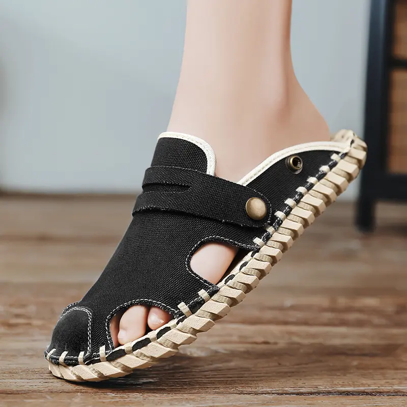Summer New Handmade Casual Slip on Mens Shoes Outdoor Walking Comfortable Canvas Slippers Korean Trend Baotou Half Drag Slides