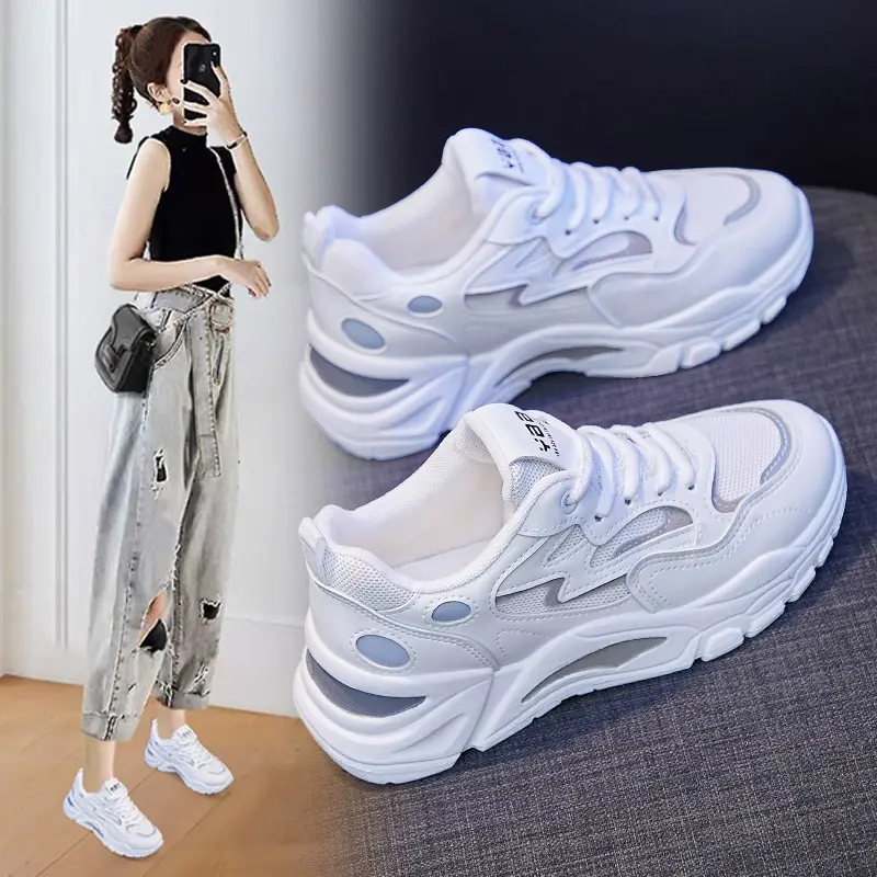 Casual Sporty Shoes Womens Spring Summer 2025 Fashionable Versatile Thick Sole Increased Height Lightweight Breathable White