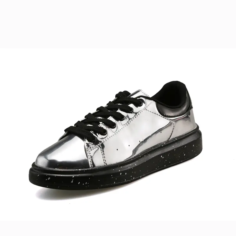 Men Light Leather Flat Sneakers Fashion Silver Men's Shoes Punk Casual Mirror Shoes Streetwear Sneakers Men Rock Hip Hop Shoes