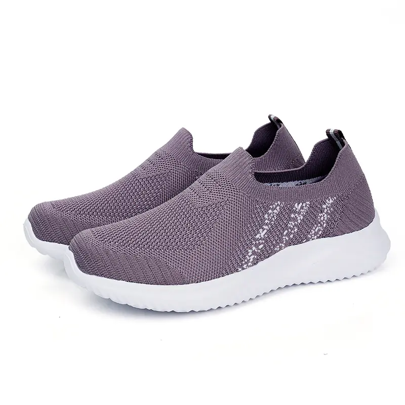 Women's Slip-On Flat Bottom Shoes Breathable Mesh Upper Cross-Border Knitted Casual Footwear Low Heel Non-Slip Comfortable
