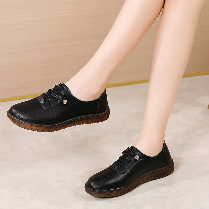 New Women Flats Spring Autumn Woman Loafers Genuine Leather Female Shoes Lace Up Soft Comfortable Ladies Women's Shoes