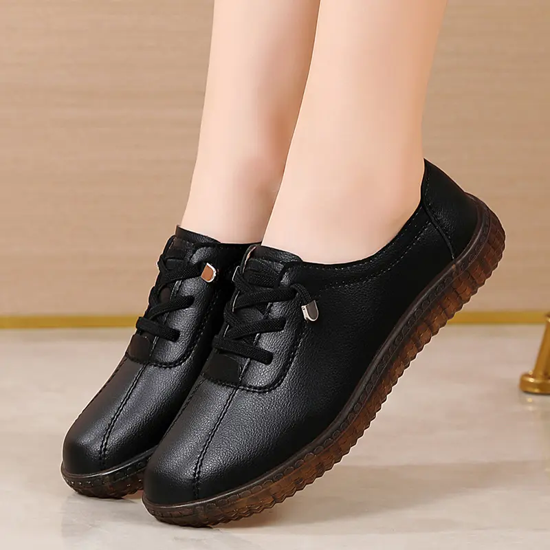 New Women Flats Spring Autumn Woman Loafers Genuine Leather Female Shoes Lace Up Soft Comfortable Ladies Women's Shoes