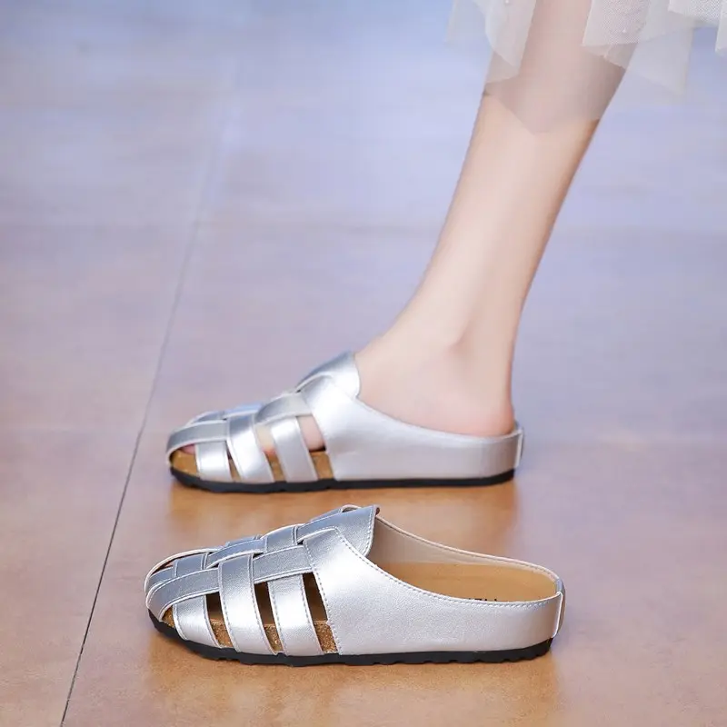 Black Bao-head Half Slippers Women's Summer Wear 2025 New Slip-on Moeller Sandals Birkenstocks Woven Sandals Women's Shoes