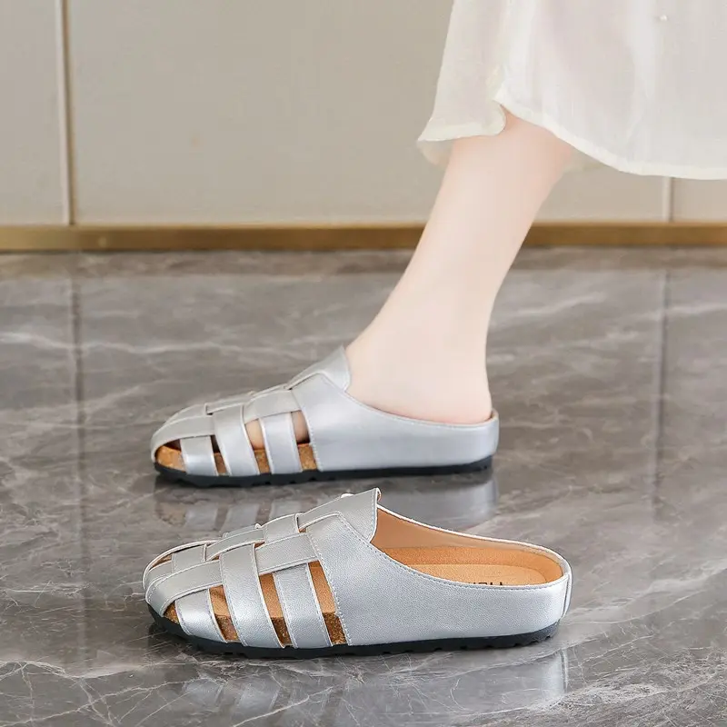 Black Bao-head Half Slippers Women's Summer Wear 2025 New Slip-on Moeller Sandals Birkenstocks Woven Sandals Women's Shoes