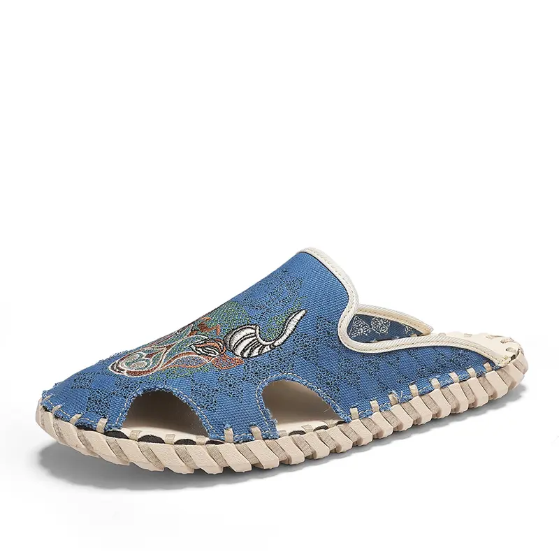 Men Canvas Embroidered Close Toe Slippers Handmade Mens Embroidery Summer Flat Shoes Comfortable Denim Shoes for Man