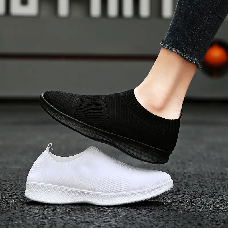 White Knitting Sock Sneakers Women Flat Shoes High Quality Woman Sneakers Slip On Flats Loafers Plus Size 44 Walking Flat Black