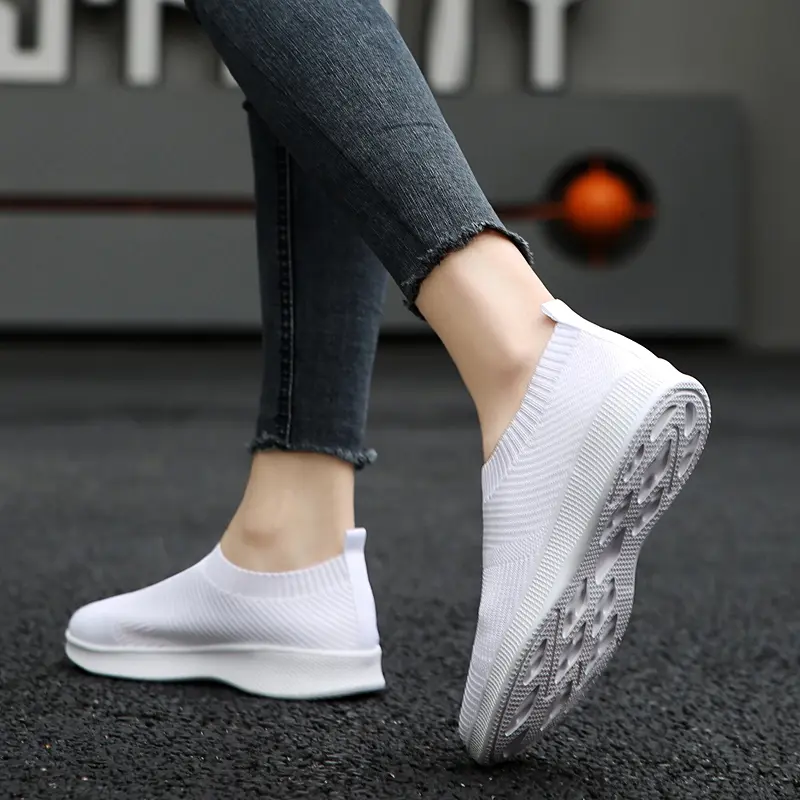 White Knitting Sock Sneakers Women Flat Shoes High Quality Woman Sneakers Slip On Flats Loafers Plus Size 44 Walking Flat Black