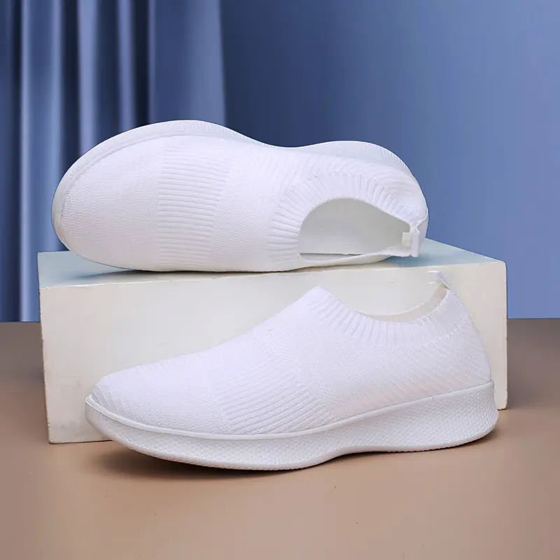 White Knitting Sock Sneakers Women Flat Shoes High Quality Woman Sneakers Slip On Flats Loafers Plus Size 44 Walking Flat Black