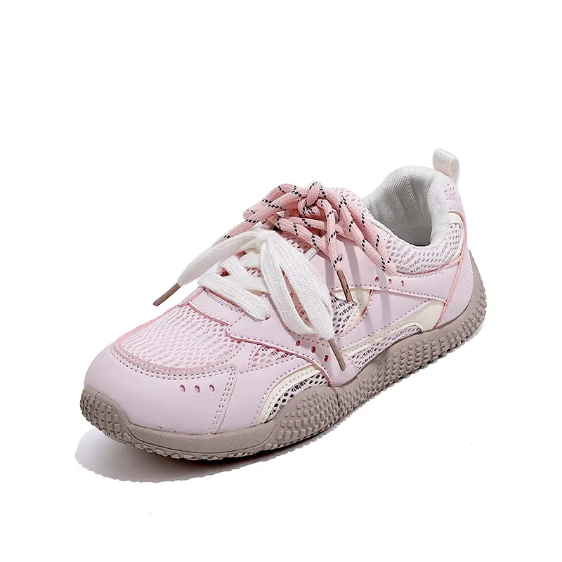 Pink Girls Mesh Satin Shoelaces Lace Up Sneakers 2025 New Fashion Women Casual Shoes Round Toe Platform Training Shoes