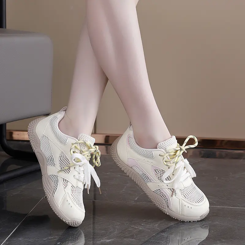 Pink Girls Mesh Satin Shoelaces Lace Up Sneakers 2025 New Fashion Women Casual Shoes Round Toe Platform Training Shoes