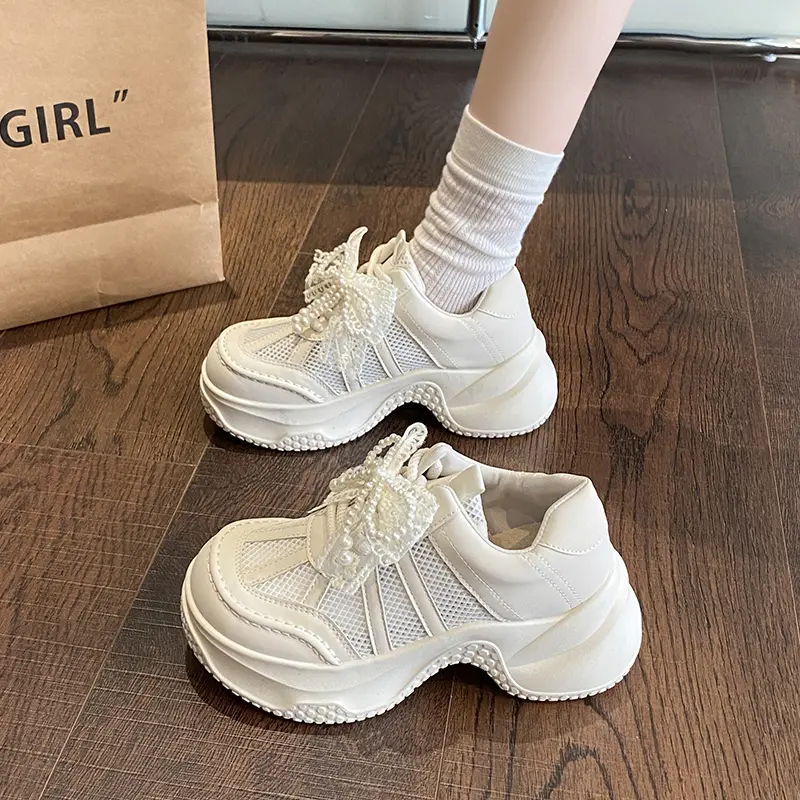 Summer Hollow Out Thick Bottom Vulcanized Shoes Woman Chunky Platform White Sneakers Women Comfortable Lace Up Sports Shoes