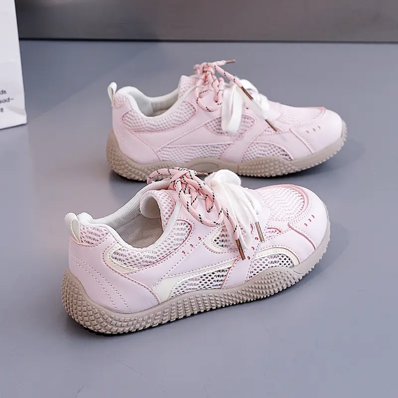 Pink Girls Mesh Satin Shoelaces Lace Up Sneakers 2025 New Fashion Women Casual Shoes Round Toe Platform Training Shoes