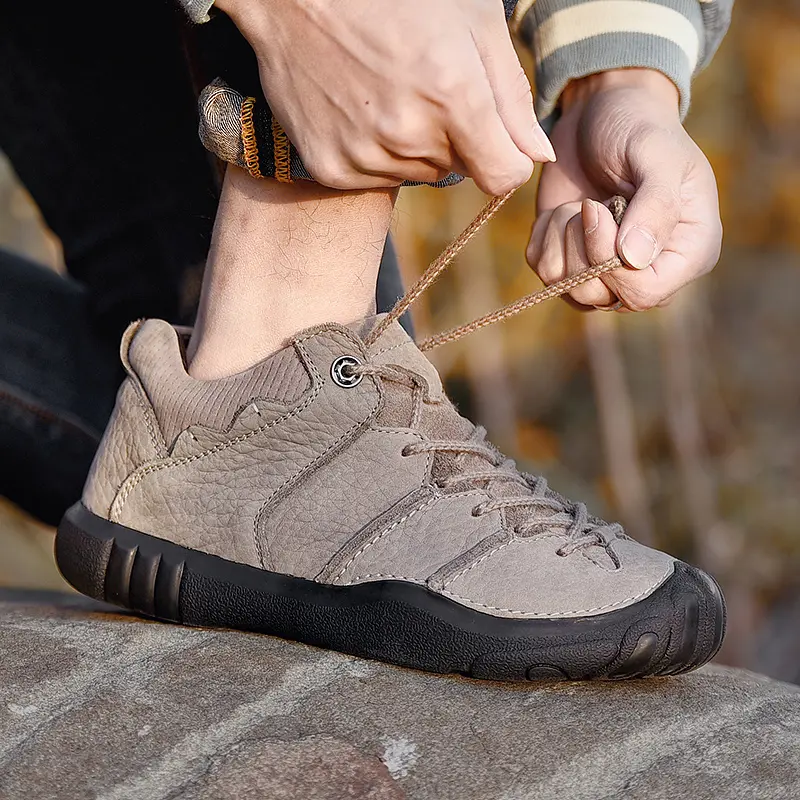 Hiking Shoes Men Genuine Leather Cowhide Trekking Boots Trend Black Sports Top Quality Outdoor Walking Sneakers Non Slip Casual