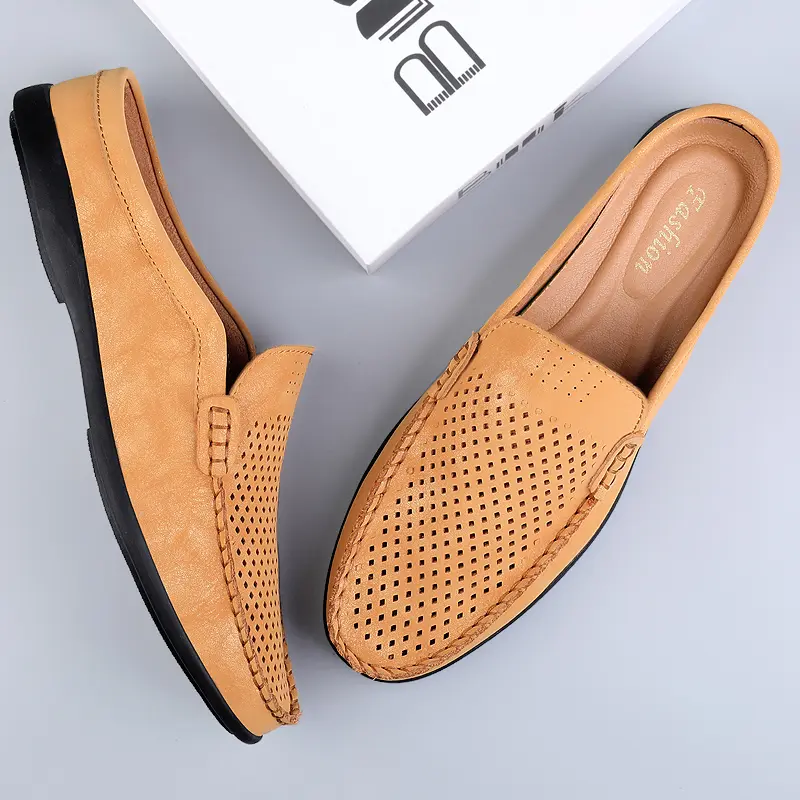Summer Breathable Shoes Men Fashion Genuine Leather Half Shoes Slip on Moccasins Casual Italian Style Luxury Brand Half Loafers