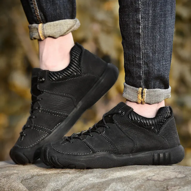 Hiking Shoes Men Genuine Leather Cowhide Trekking Boots Trend Black Sports Top Quality Outdoor Walking Sneakers Non Slip Casual