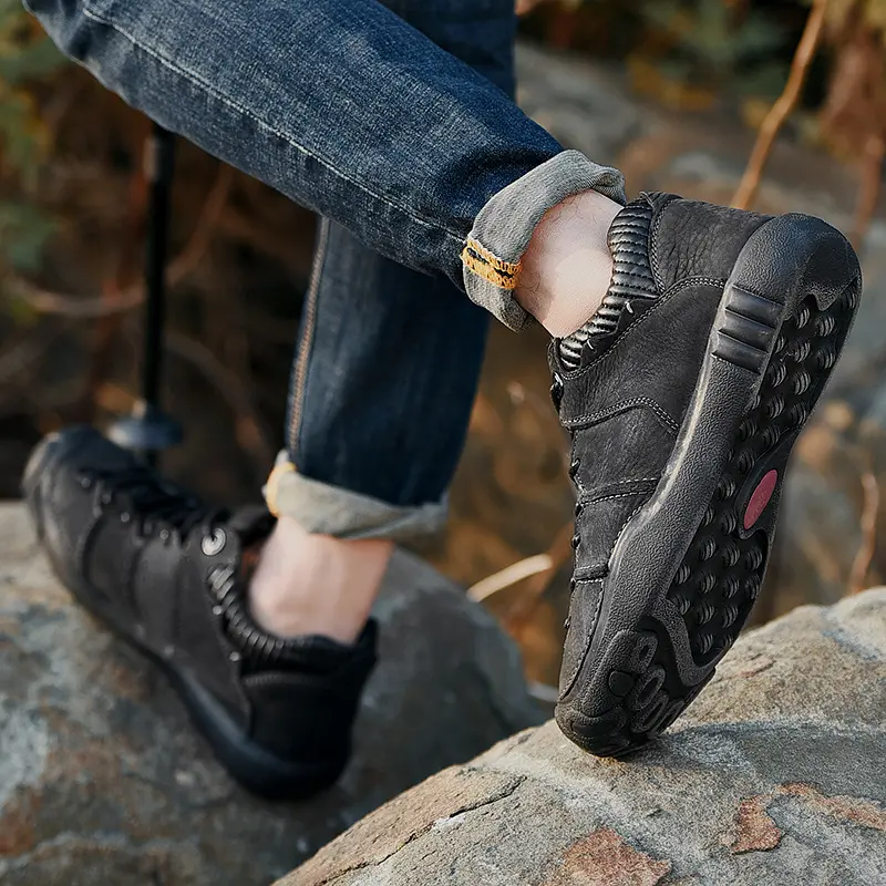 Hiking Shoes Men Genuine Leather Cowhide Trekking Boots Trend Black Sports Top Quality Outdoor Walking Sneakers Non Slip Casual