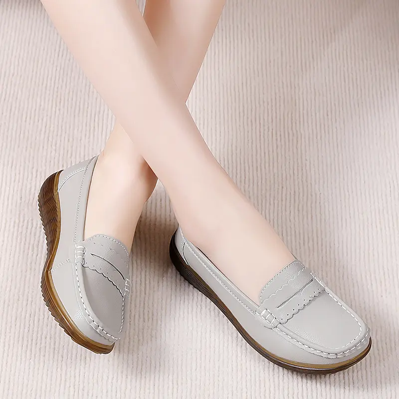 Women's Ladies Female Genuine Leather Flats Platform Slip On Soft Loafers Zapatos Mujeres Mocasines Vulcanized Shoes