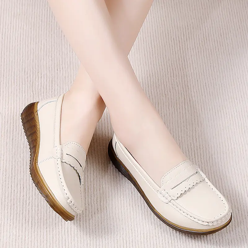 Women's Ladies Female Genuine Leather Flats Platform Slip On Soft Loafers Zapatos Mujeres Mocasines Vulcanized Shoes