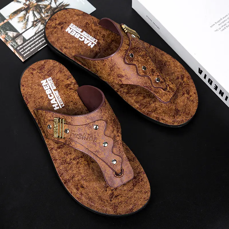 Brown Flat Men Summer Leather Slippers Trendy Fashion Men's Flip-flops Outdoor Breathable Comfortable Men and Simple Sandals