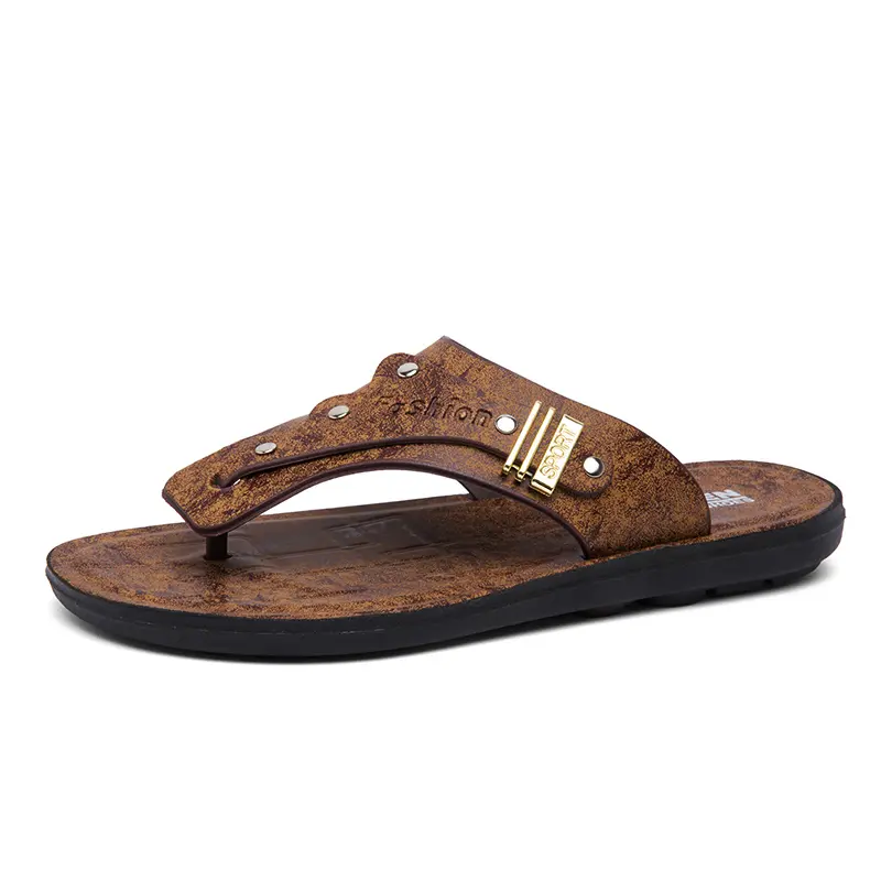 Brown Flat Men Summer Leather Slippers Trendy Fashion Men's Flip-flops Outdoor Breathable Comfortable Men and Simple Sandals