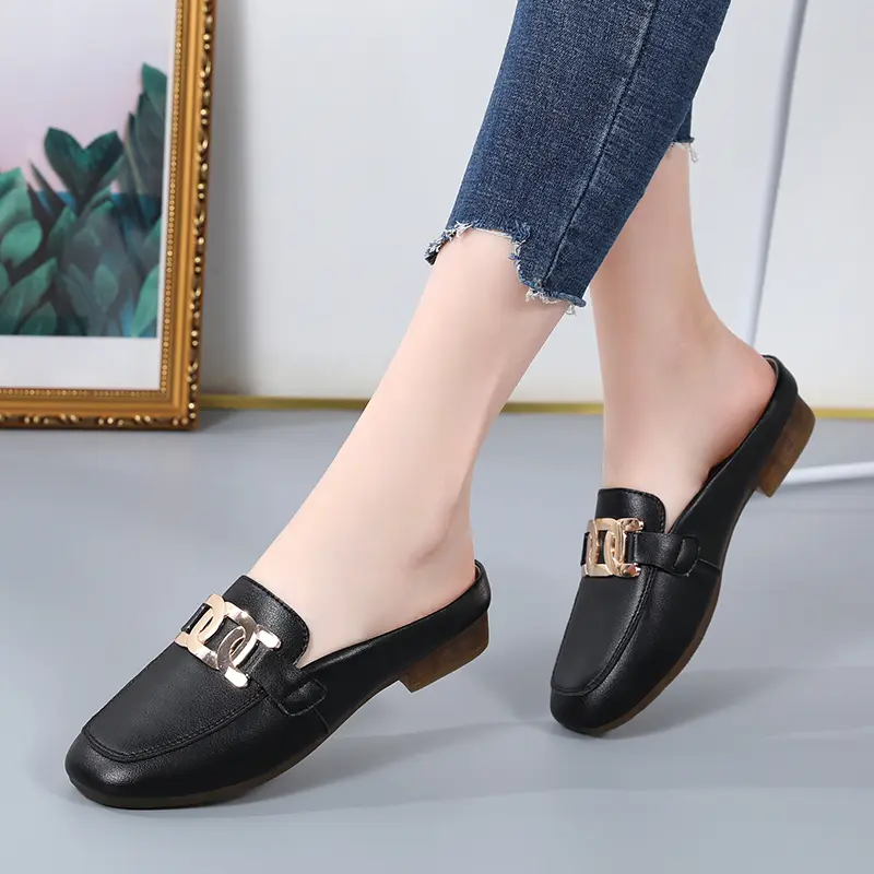 New Women Baotou Half Slippers Ladies Square Toe Thick Heel Muller Sandals For Outer Ladies Flat Fashion Vintage British Leather