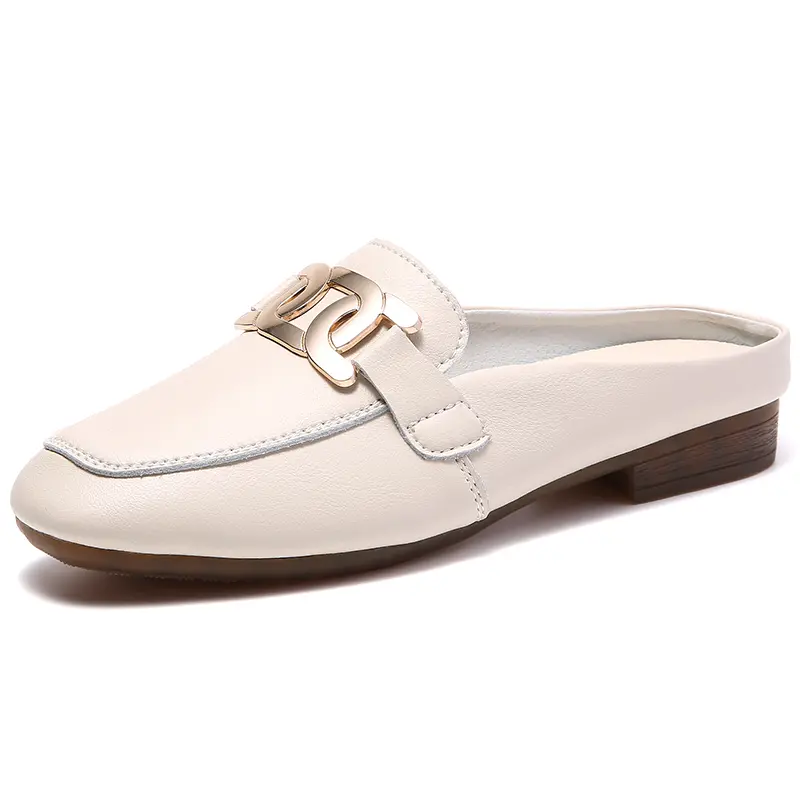 New Women Baotou Half Slippers Ladies Square Toe Thick Heel Muller Sandals For Outer Ladies Flat Fashion Vintage British Leather