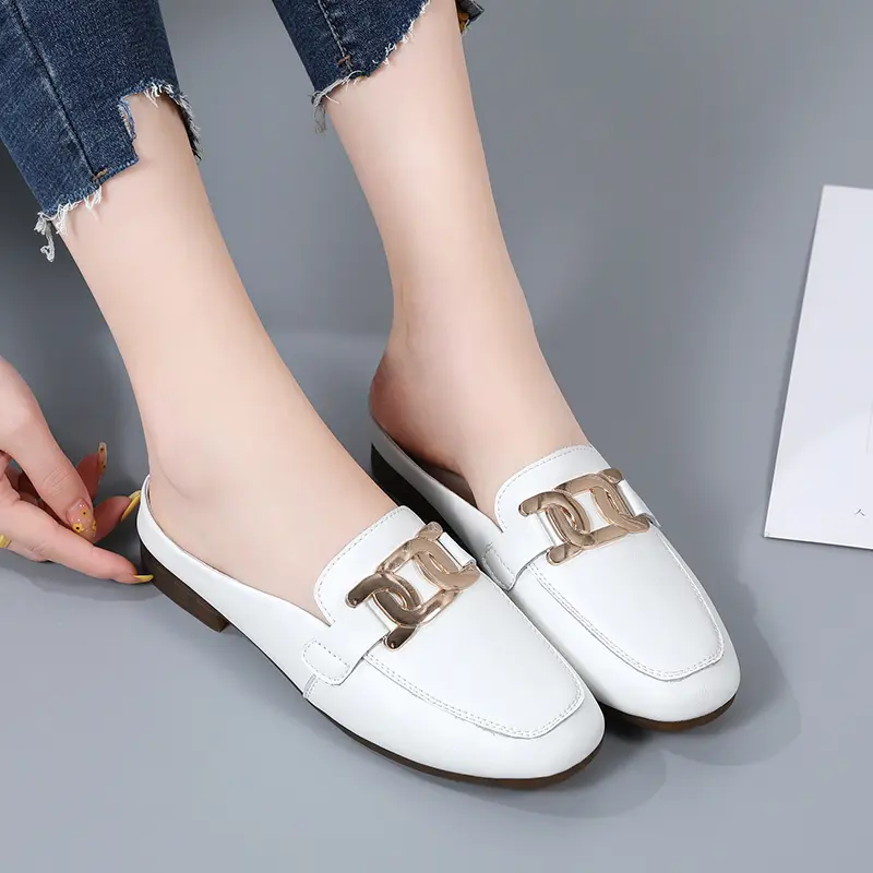 New Women Baotou Half Slippers Ladies Square Toe Thick Heel Muller Sandals For Outer Ladies Flat Fashion Vintage British Leather