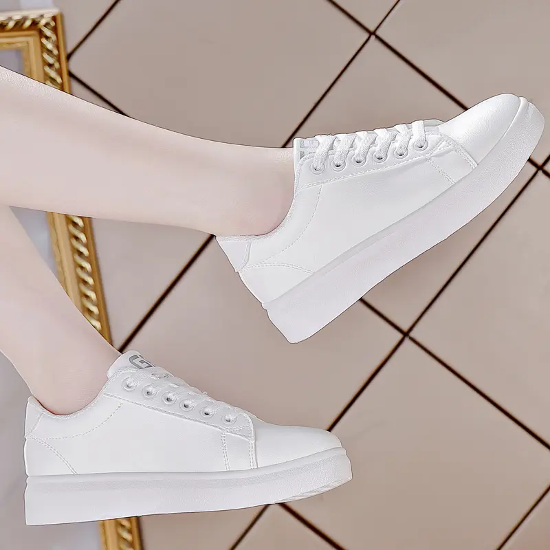 White Women Shoes Comfortable Casual Skateboard Shoes Solid Leisure Sneakers Lightweight Walking Vulcanized Platform Lace Up Cas