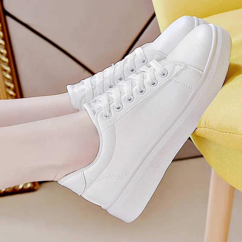 White Women Shoes Comfortable Casual Skateboard Shoes Solid Leisure Sneakers Lightweight Walking Vulcanized Platform Lace Up Cas